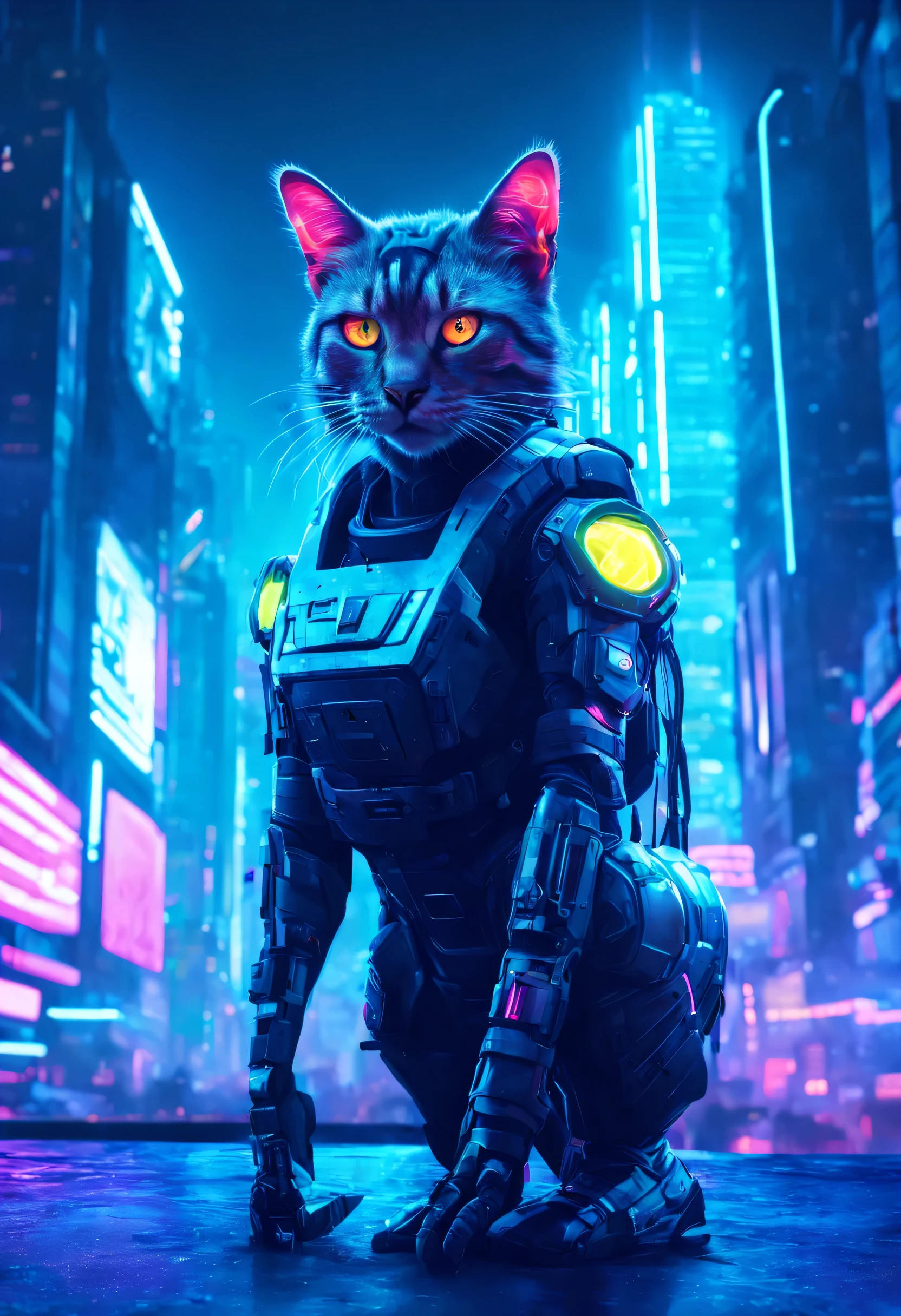 cyber cat in a futuristic city with neon lights, Master Chief em Cyberpunk City, beeple style hybrid mix, estilo de arte cyberpunk, estilo cyberpunk hiper-realista, advanced digital cyberpunk art, astronaut cyberpunk electric, not beeple style, Homem de Ferro Cyberpunk, em uma Cidade Cyberpunk Futurista, Greg Beeple, arte com tema cyberpunk, tem estilo cyberpunk, Cyberpunk scifi