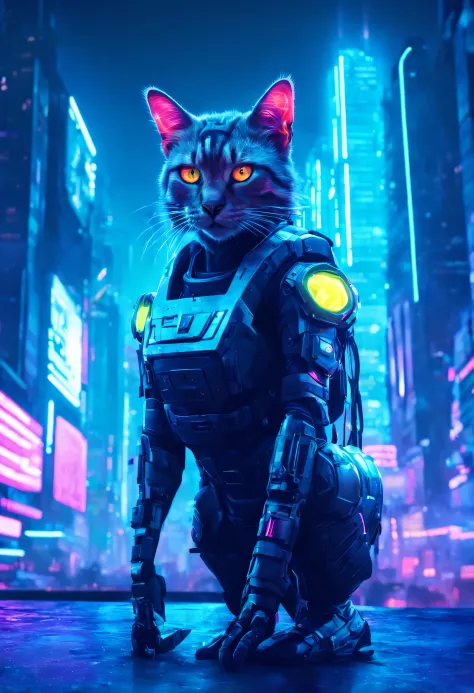 cyber cat in a futuristic city with neon lights, Master Chief em Cyberpunk City, beeple style hybrid mix, estilo de arte cyberpu...