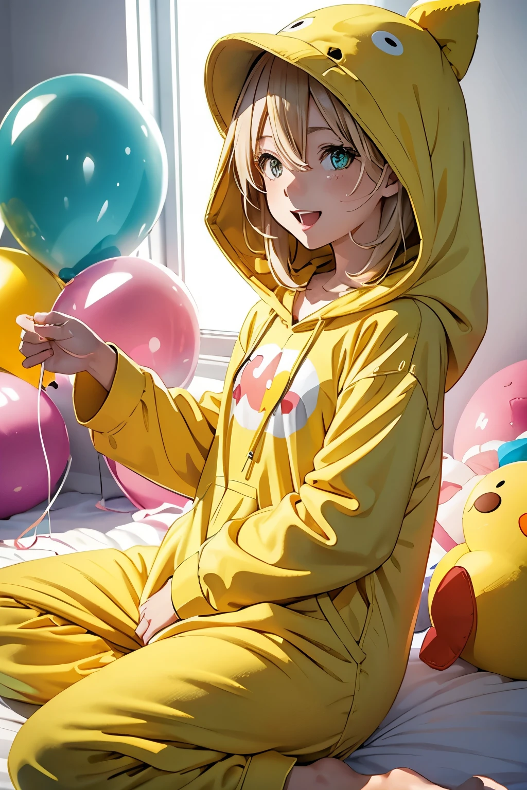 There is a girl in a yellow outfit sitting on a bed - SeaArt AI