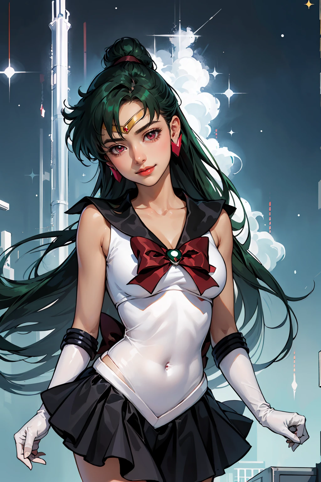 Masterpiece, Best Quality, High Resolution, 1girl, Solo, Ponytail, Green Hair, (Elbow Gloves), Headdress, dark red Bow, Tight Top, (Black Sailor Collar), White Gloves, Earrings, Smile, Black Skirt, (Sailor Pluto Uniform), (Sailor Pluto Uniform), standing, looking at the camera, dynamic poses. Leng Jun, White Top, Elbow Gloves