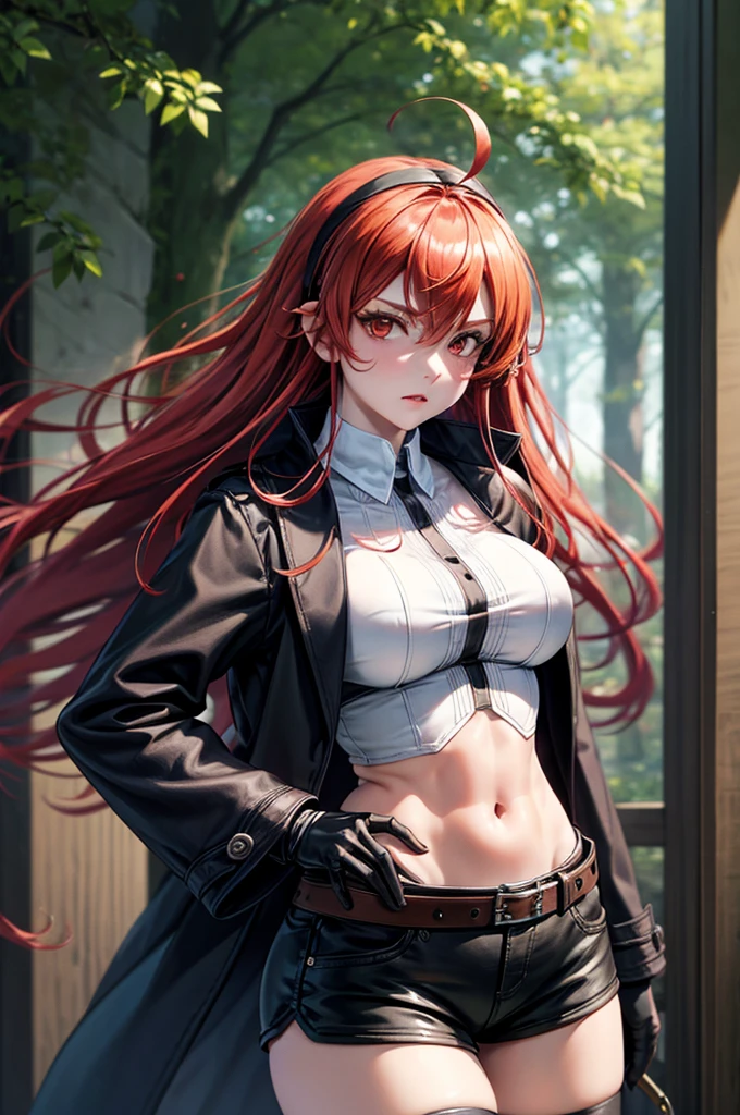 masterpiece, best quality, expressive eyes, perfect face, (cowboy shot), loking at viewer, crossed bangs, solo, 1girl, erisc, red hair, long hair, hairband, ahoge, red eyes, white shirt, large breasts, long hair, fur-trimmed jacket, black jacket, open jacket, coat, crop top, mature female, forest, sky, black thighhighs, gloves, long sleeves, navel, short shorts, black shorts, belt