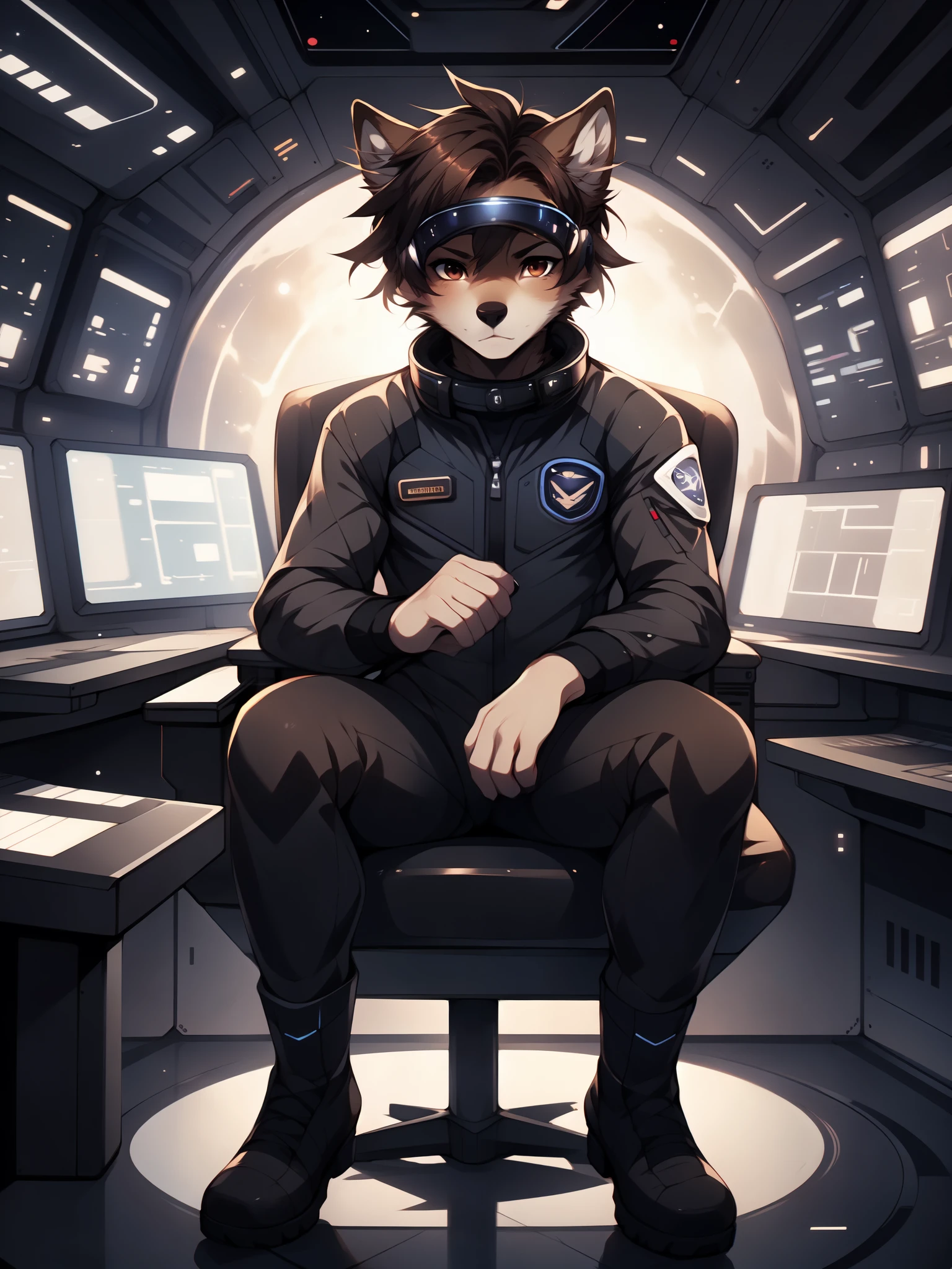 jaiden, Loup brun, Loup brun ears, yeux marrons, joli museau, nez noir, porter une tenue d&#39;astronaute noire, visière futuriste, col montant, bottes d’astronaute, costume d&#39;astronaute futuriste noir, Effet de masse 3, par fumiko, par Hyattlen, par Hioshiru, tir au loin, assis dans le cockpit d&#39;un vaisseau spatial, panneaux de contrôle, assis dans un grand fauteuil futuriste et confortable, l&#39;air déterminé,  