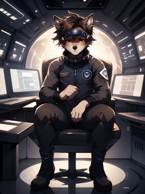 Jaiden, brown wolf, brown wolf ears, brown eyes, cute snout, black nose, wearing black astronaut outfit, futuristic visor, high ...