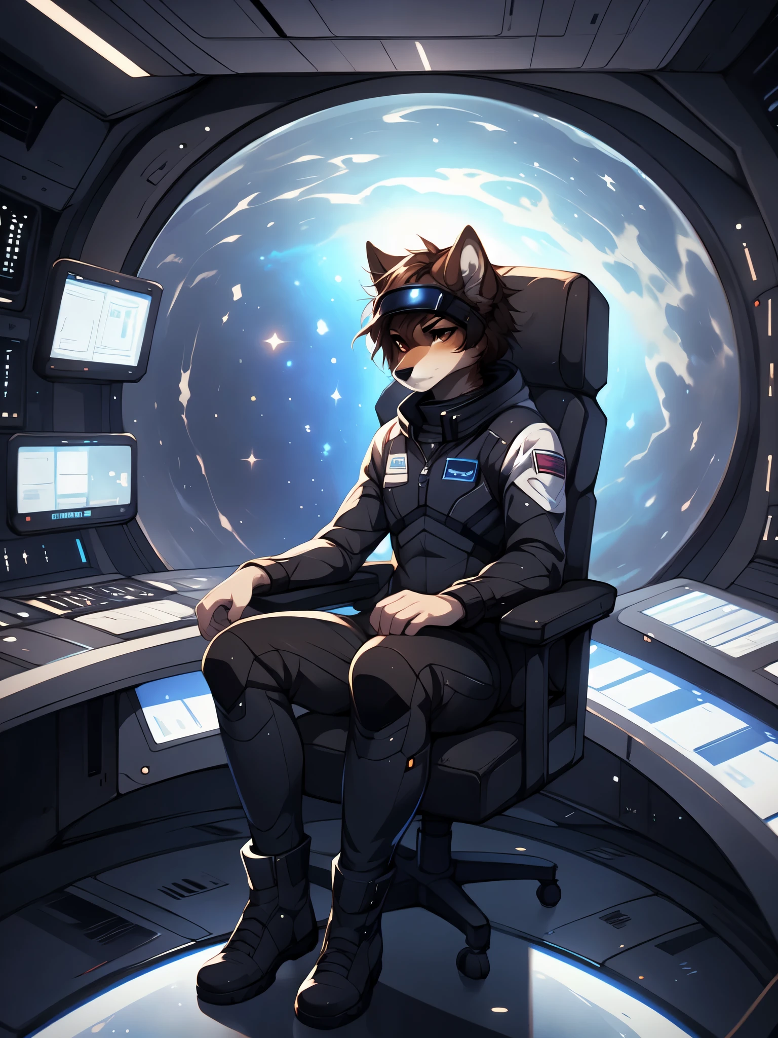 Jaiden, brown wolf, brown wolf ears, brown eyes, cute snout, black nose, wearing black astronaut outfit, futuristic visor on eyes, high collar, astronaut boots, black futuristic astronaut suit, mass effect 3, by fumiko, by hyattlen, by hioshiru, far away shot, sitting in a space ship cockpit, control panels, sitting in a big futuristic comfy chair, looking determined,  