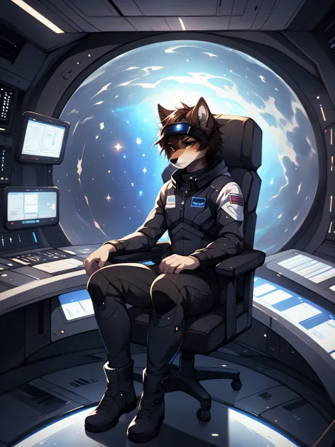 Jaiden, brown wolf, brown wolf ears, brown eyes, cute snout, black nose, wearing black astronaut outfit, futuristic visor on eye...
