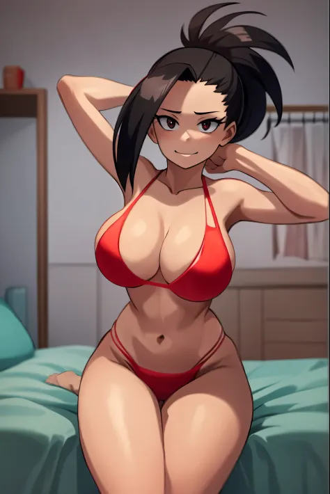 Momo_yaoyorozu, happy, seductive, red bikini, bedroom