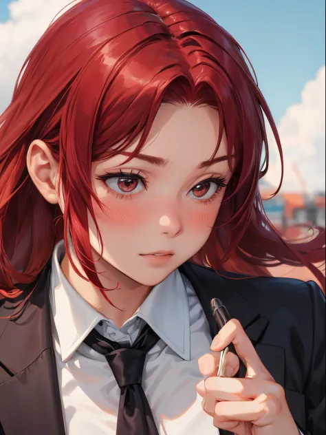 Woman in suit、red blush、Red hair、Subject from the side