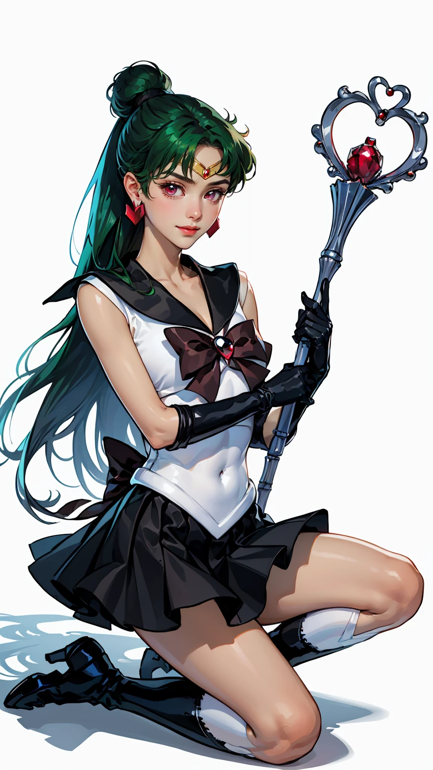 Masterpiece, Best Quality, High Resolution, 1girl, Solo, Ponytail, Green Hair, (Elbow Gloves), Headdress, dark red Bow, Tight Top, (Black Sailor Collar), White Gloves, Earrings, Smile,  white Background, Black Skirt, (Sailor Pluto Uniform), (Sailor Pluto Uniform), on his knees, holding his Garnet Orb staff in his hands, looking at the camera, dynamic poses. Leng Jun, White Top, Elbow Gloves, black boot, walking on the floor