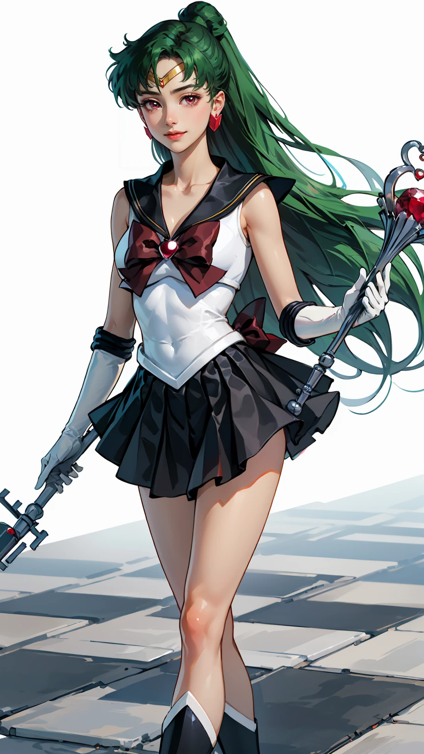 Masterpiece, Best Quality, High Resolution, 1girl, Solo, Ponytail, Green Hair, (Elbow Gloves), Headdress, dark red Bow, Tight Top, (Black Sailor Collar), White Gloves, Earrings, Smile,  white Background, Black Skirt, (Sailor Pluto Uniform), (Sailor Pluto Uniform), on his knees, holding his Garnet Orb staff in his hands, looking at the camera, dynamic poses. Leng Jun, White Top, Elbow Gloves, black boot, walking on the floor