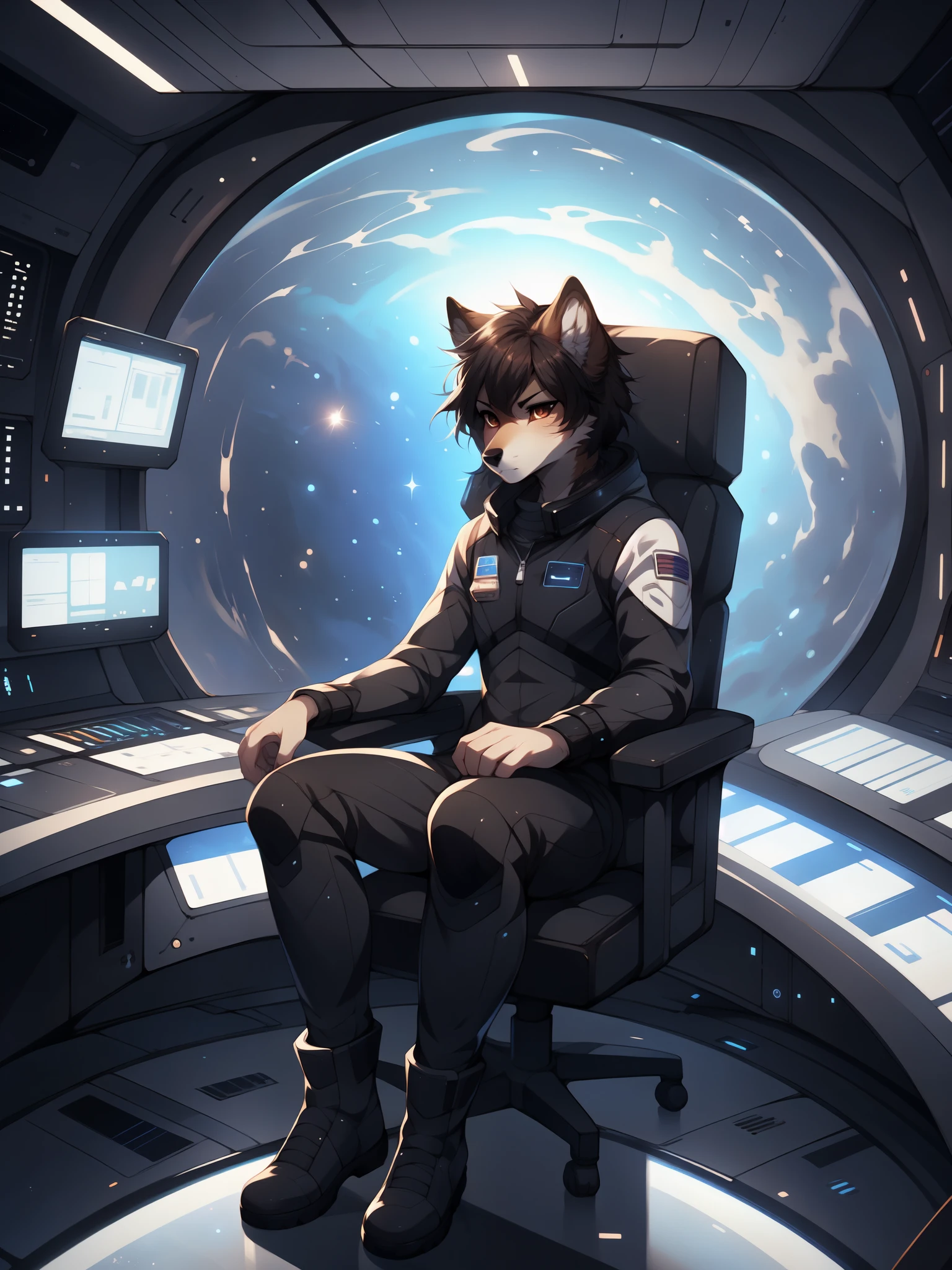 Jaiden, brown wolf, brown wolf ears, brown eyes, cute snout, black nose, wearing black astronaut outfit, futuristic visor on eyes, high collar, astronaut boots, black futuristic astronaut suit, mass effect 3, by fumiko, by hyattlen, by hioshiru, far away shot, sitting in a space ship cockpit, control panels, sitting in a big futuristic comfy chair, looking determined,  