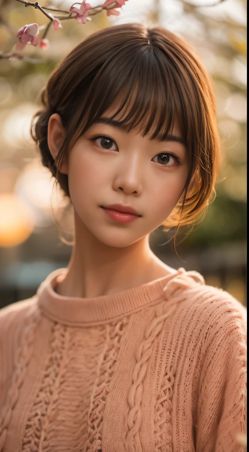 Medium Shot Shot, A beautiful japanese woman looks at the camera, under the cherry tree, Sunset, brown hair, short hair, pink knit sweater