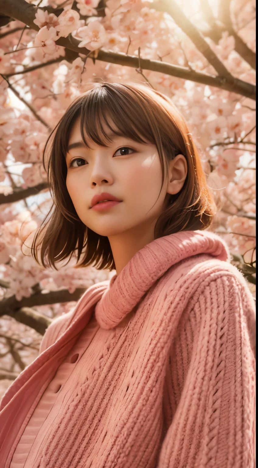 Medium Shot Shot, A beautiful japanese woman looks at the camera, under the cherry tree, Sunset, brown hair, short hair, pink knit sweater