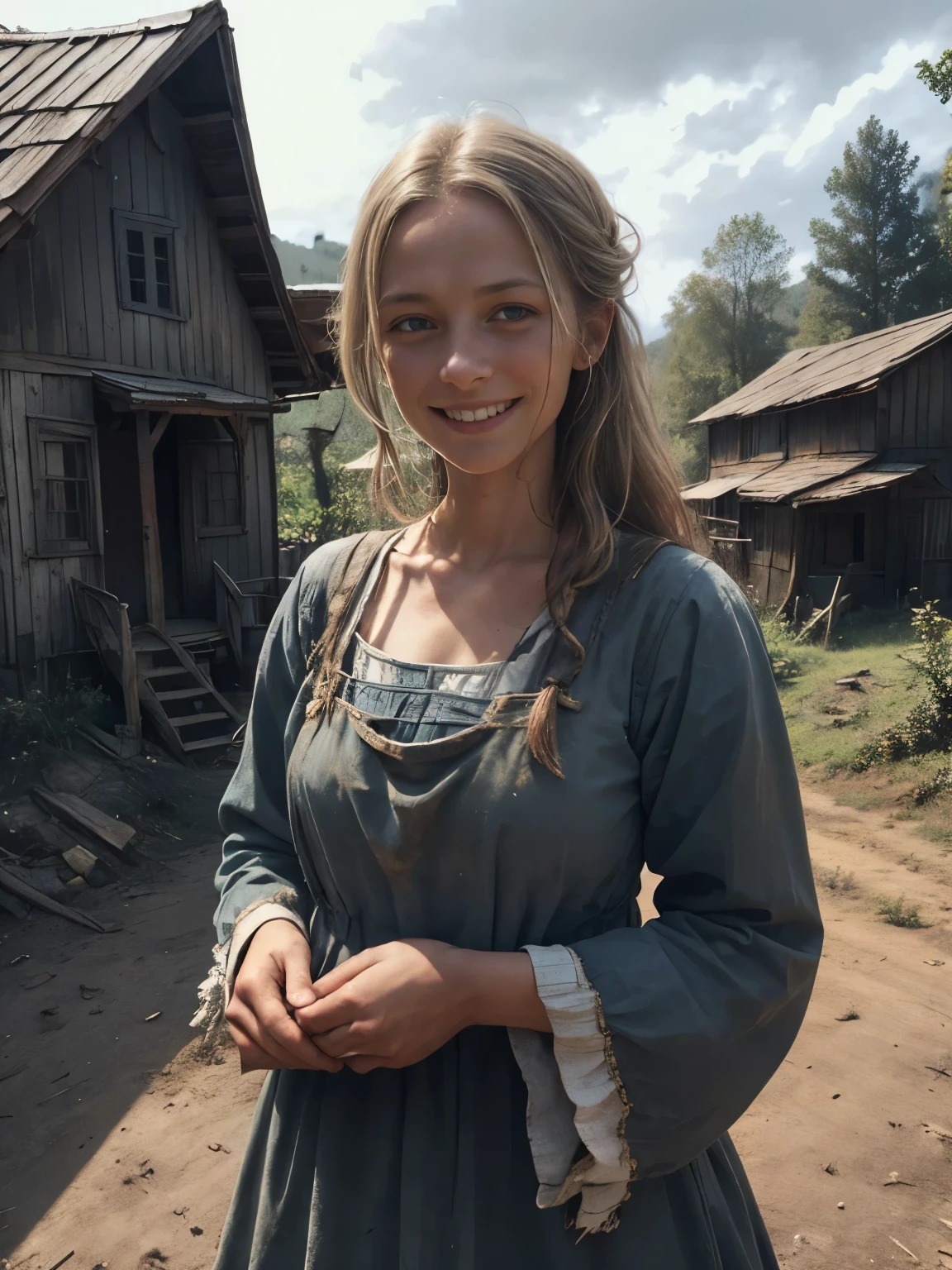 Poor but happy farmer woman in 17th century Sweden, skinny, looking at the camera, beautiful face, dirty face, (smiling), happy eyes, blue eyes, worn out traditional clothes, ((dirty)), in front of a plain house, forest, upper body shot, high resolution, 8k, ultra realistic 