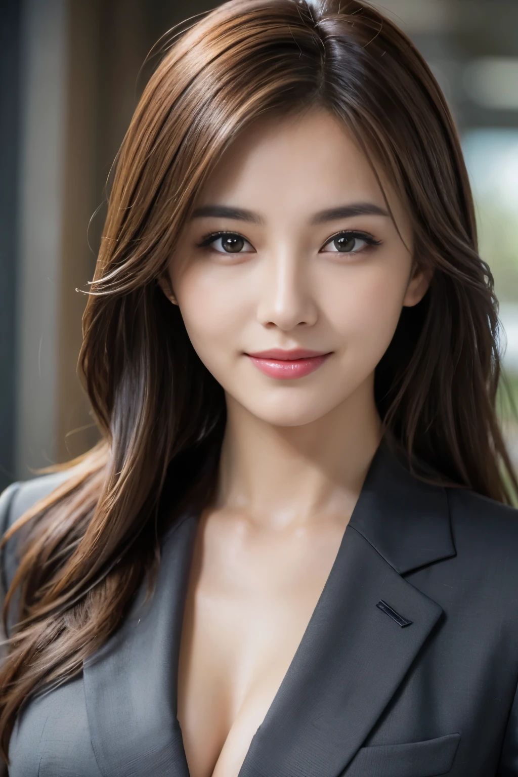 table top, highest quality, realistic, Super detailed, finely, High resolution, 8k wallpaper, 1 beautiful woman,, light brown messy hair, wearing a business suit, sharp focus, perfect dynamic composition, beautiful and detailed eyes, thin hair, Detailed realistic skin texture, smile, close-up portrait, model body shape