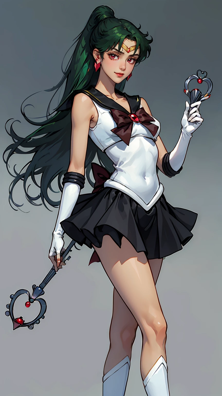 Masterpiece, Best Quality, High Resolution, 1girl, Solo, Ponytail, Green Hair, (Elbow Gloves), Headdress, dark red Bow, Tight Top, (Black Sailor Collar), White Gloves, Earrings, Smile,  white Background, Black Skirt, (Sailor Pluto Uniform), (Sailor Pluto Uniform), on his knees, holding his Garnet Orb staff in his hands, looking at the camera, dynamic poses. Leng Jun, White Top, Elbow Gloves, black boot, walking on the floor