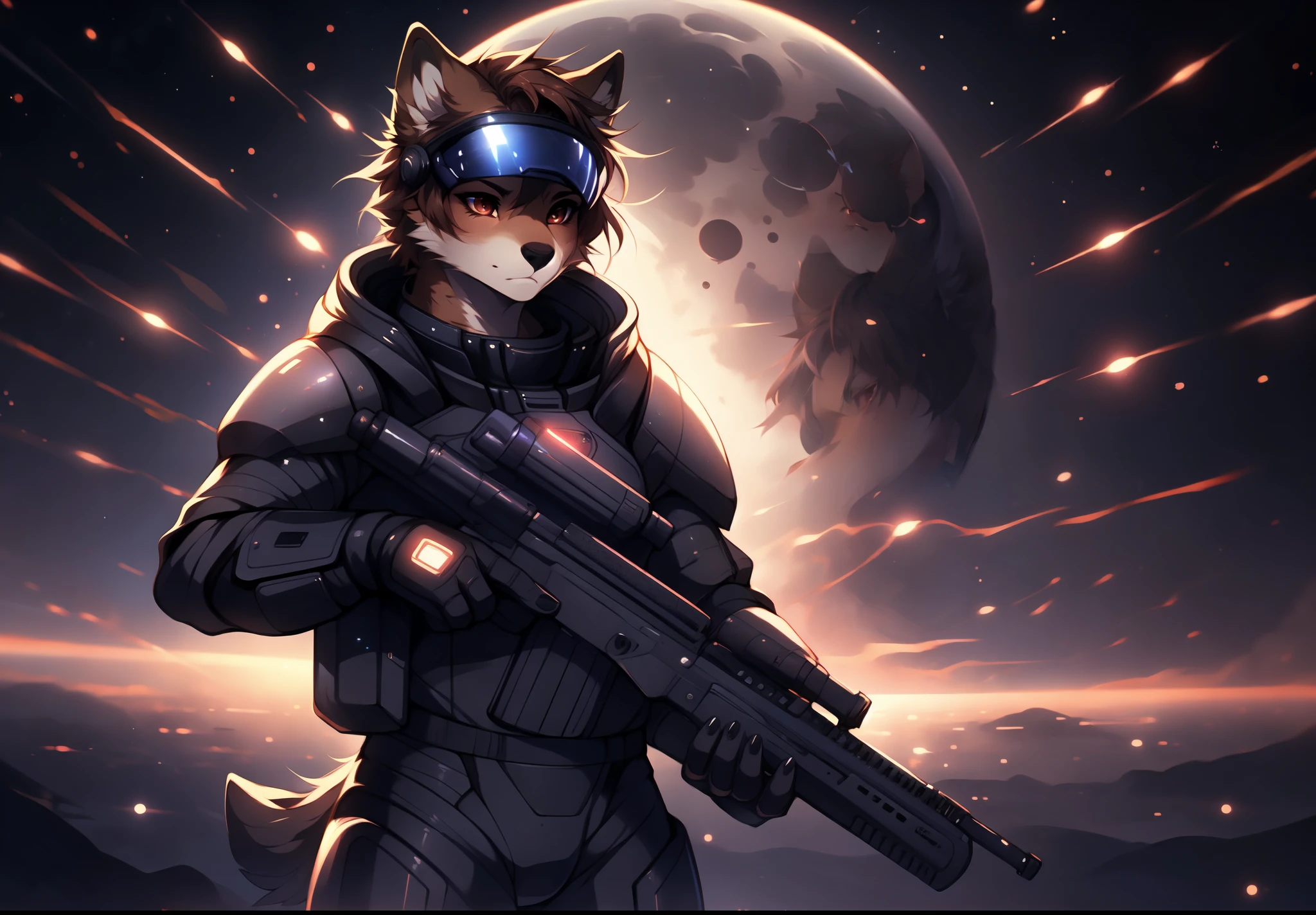 Jaiden, brauner Wolf, brauner Wolf ears, braune Augen, süße Schnauze, schwarze Nase, trägt ein schwarzes Astronauten-Outfit, futuristisches Visier Iver Eyes, hoher Kragen, schwarzer futuristischer Anzug, Mass Effect 3 Rüstung, schwarze Weltraumrüstung, von joe, von hyattlen, by hioshiru,  Stehen, auf einem dunklen, gruseligen fremden Planeten, Nachtzeit, riesige Monde im Hintergrund, hält eine schwarze Zukunftswaffe, entschlossen aussehen, Hohe Auflösung