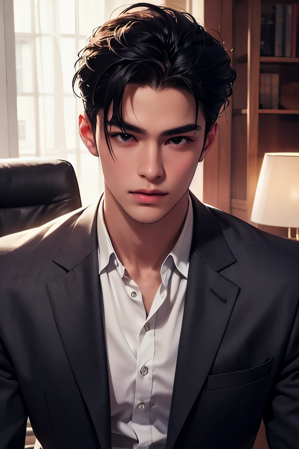 masterpiece，best quality，Ultra-detailed，1boy，individual，black hair，Modern furniture，Suit，black eyes，Handsome，Detailed face，sit，