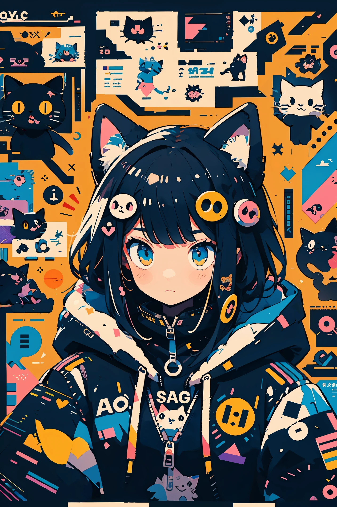 anime girl with black hair and a cat hat, anime style illustration, moe artstyle, wallpaper 8 k, digital illustration, beautiful catgirl, she wears a hoodie with animal ears and technowear technology, futuristic fashion in black and holographic colors, many details and buttons on it, cables coming out of the sleeves, the background is that of a simple pattern with cat motifs and paws, purple and black, black cat eyes, holographic, holo details