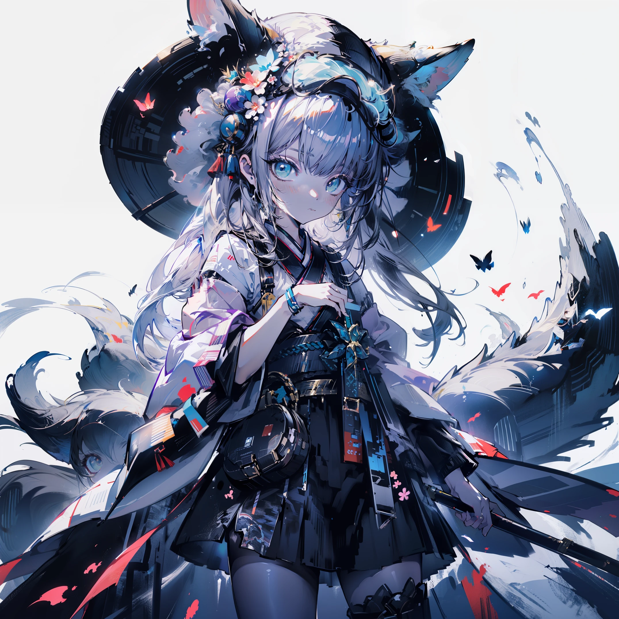 white background, blue skirt，solo woman, alone, (kneel down), (kneel down on white glass surface), (cent, small), (white background), (witch hat), curly, looking at the viewer, with panoramic view, vision, It begins with the night of the ark., Popular topics on Art Station pixiv, Arknight, pixiv digital art,Onmyoji detailed art, Japanese anime fantasy illustration, author：Hero, anime art wallpaper 8k, Sky Witch, pixiv style, anime art wallpaper 4k, anime art wallpaper 4k, (pretty background), Ink painting style，pretty colors，Decisive cut，広いblank領域, blank, space，masterpiece， super sophisticated，epic work，expensive、expensive品質，highest quality，4K