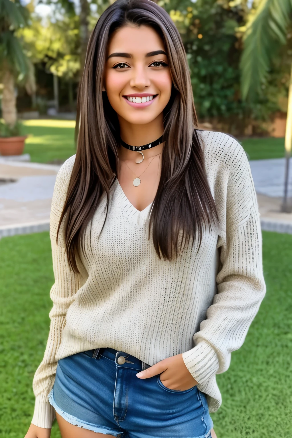 A woman wearing a sweater and denim shorts standing in a park - SeaArt AI