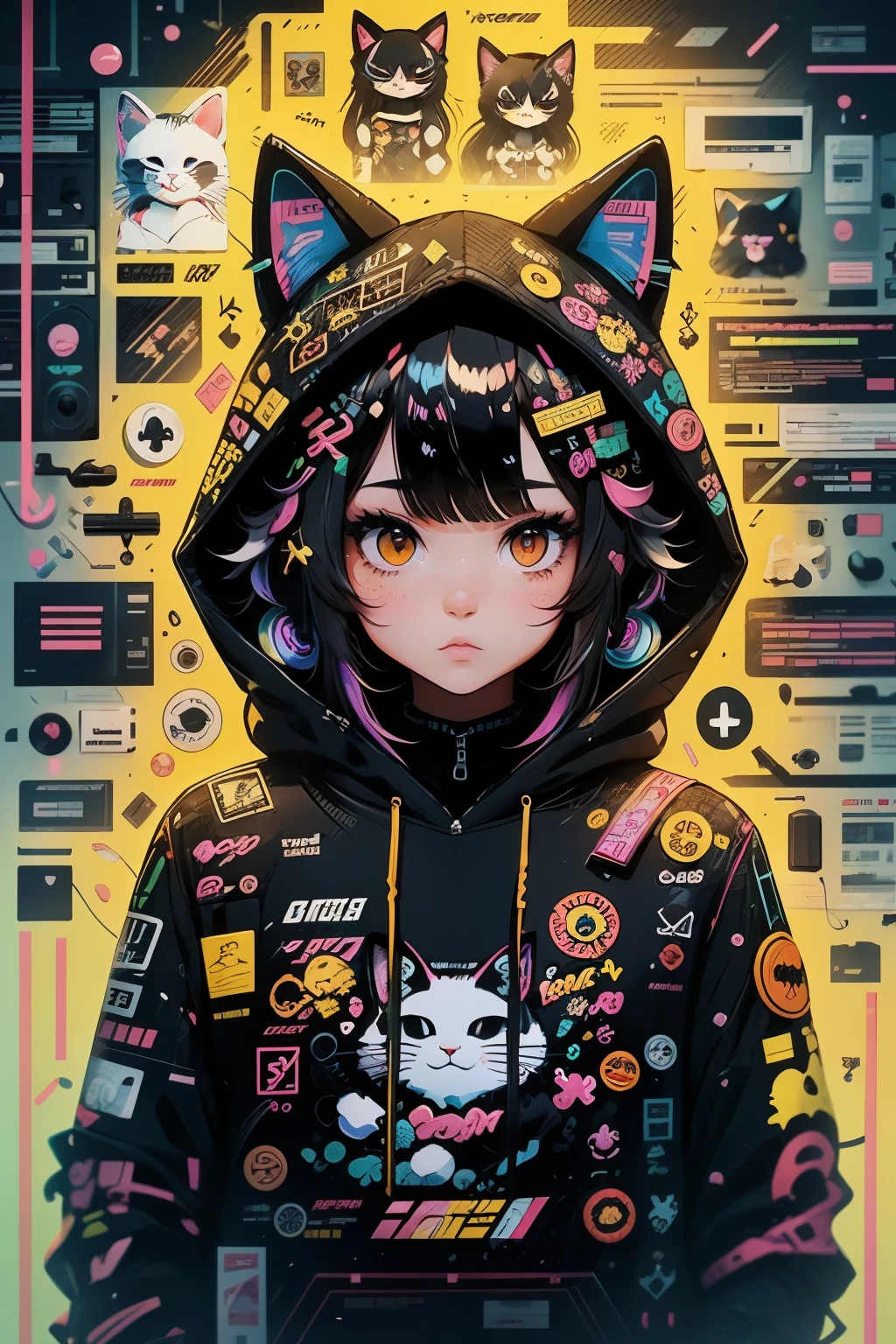 Anime girl avec des cheveux noirs et un chapeau de chat, illustration de style animé, style artistique moe, Fond d&#39;écran 8K, illustration numérique, belle catgirl, Il porte un sweat à capuche avec des oreilles d&#39;animaux et la technologie TechnoWear, Mode futuriste aux couleurs noires et holographiques, Beaucoup de détails et de boutons dessus, câbles sortant des gaines, Le fond est celui d&#39;un motif simple avec des motifs de chat et de patte