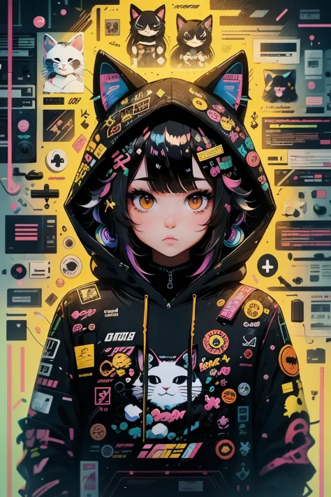 Chica de anime con cabello negro y un sombrero de gato, anime style illustration, Moe Artstyle, Fondo de pantalla 8 K, digital i...
