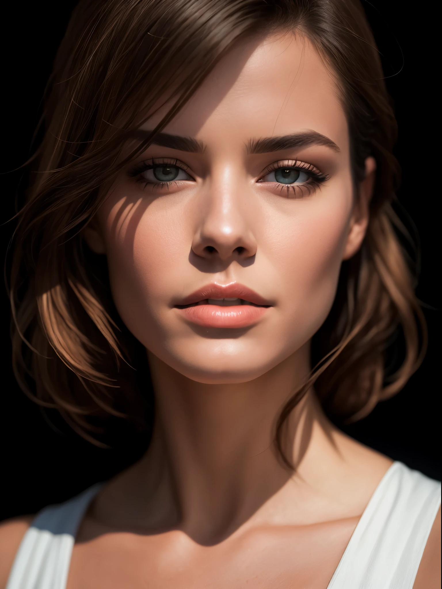 A close up of a woman with a white top and brown hair - SeaArt AI