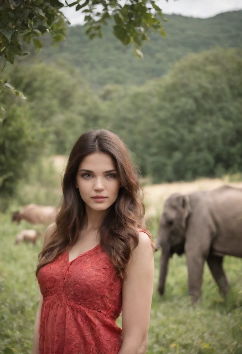 So, generate a photo of a beautiful young girl grazing cows, horses and  elephant - SeaArt AI