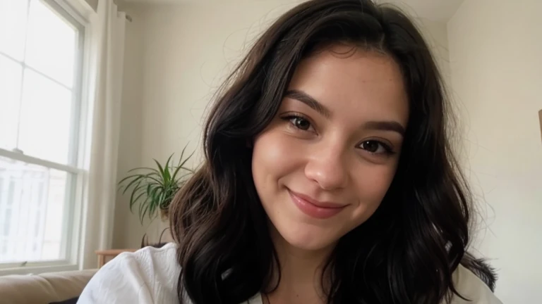 portrait of a cute 28 year old American girl , on a Discord video call, thick wavy black hair, smirking, long eyelashes,
 upper body, facing viewer, 8k, super detail, best quality, 1080P, 1080P, 1080P, 4K, 8k, 16k, HD, 1080P