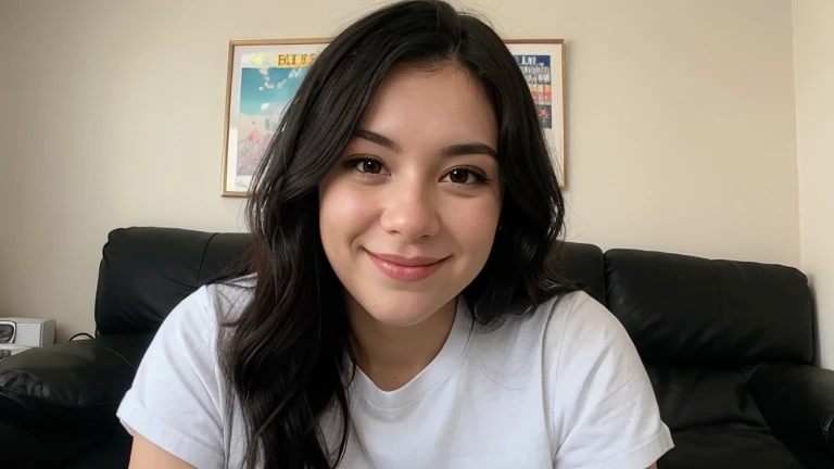 portrait of a cute 28 year old American girl , on a Discord video call, thick wavy black hair, smirking, long eyelashes,
 upper body, facing viewer, 8k, super detail, best quality, 1080P, 1080P, 1080P, 4K, 8k, 16k, HD, 1080P