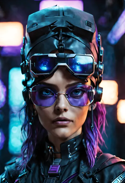 a young female sorcerer, sci-fi vr glasses, vr glasses, headwear glasses, square headwear glasses, cyberpunk, purple and blue, b...