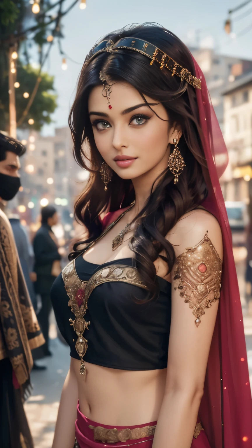 In the bustling streets of a vibrant Indian city, amidst the kaleidoscope of colors and scents, a woman, Aishwarya Rai, clad in a vibrant red saree and a black blouse becomes an ethereal sight that captivates all who lay eyes upon her. Her undeniable beauty transcends time and space, leaving onlookers spellbound.

Describe the scene as the woman, with her graceful presence, glides through a crowded marketplace, where merchants and shoppers pause to admire her radiance. Decorate the street with lights and candles, The atmosphere is alive with whispers as her mesmerizing allure evokes a sense of awe and admiration. Fire works behind 

Embark on a journey to reveal the woman’s story—her name, her background, her passions—and the reasons behind her choice of attire. Explore her persona, intertwining elements of mystery and allure, as people speculate on the secrets hiding behind her enchanting gaze.

Incorporate the sights, sounds, and emotions that surround this extraordinary woman, as she navigates through the city’s vibrant tapestry. Whether it be the scent of freshly ground spices, the distant sound of temple bells, or the intricate henna designs adorning her hands, immerse the reader in the sensory experience of this captivating moment.

As the story unfolds, her path intertwines with that of a curious photographer who becomes determined to capture her undeniable beauty in a single photograph. Describe their encounters, the photographer’s attempts to understand her story, and the profound impact this woman’s presence has on his own life.(Blur Background:1.6), (Blue Hue:0.8), (Auto focus:1.4)