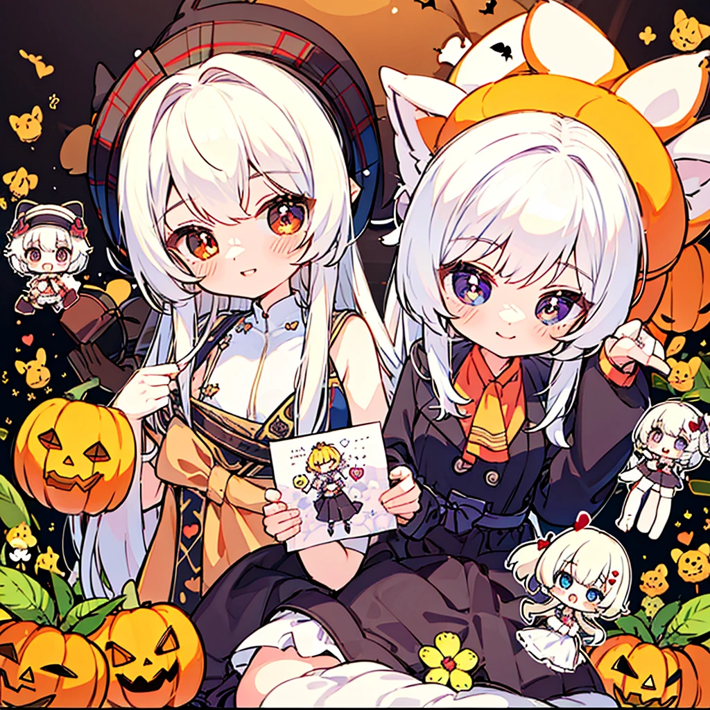 cute halloween (((chibi))) poster, white hair, asymmetrical hair, bangs, heart-shaped pupils, smile, light smile, light blush, anime style, anime, masterpiece, high quality