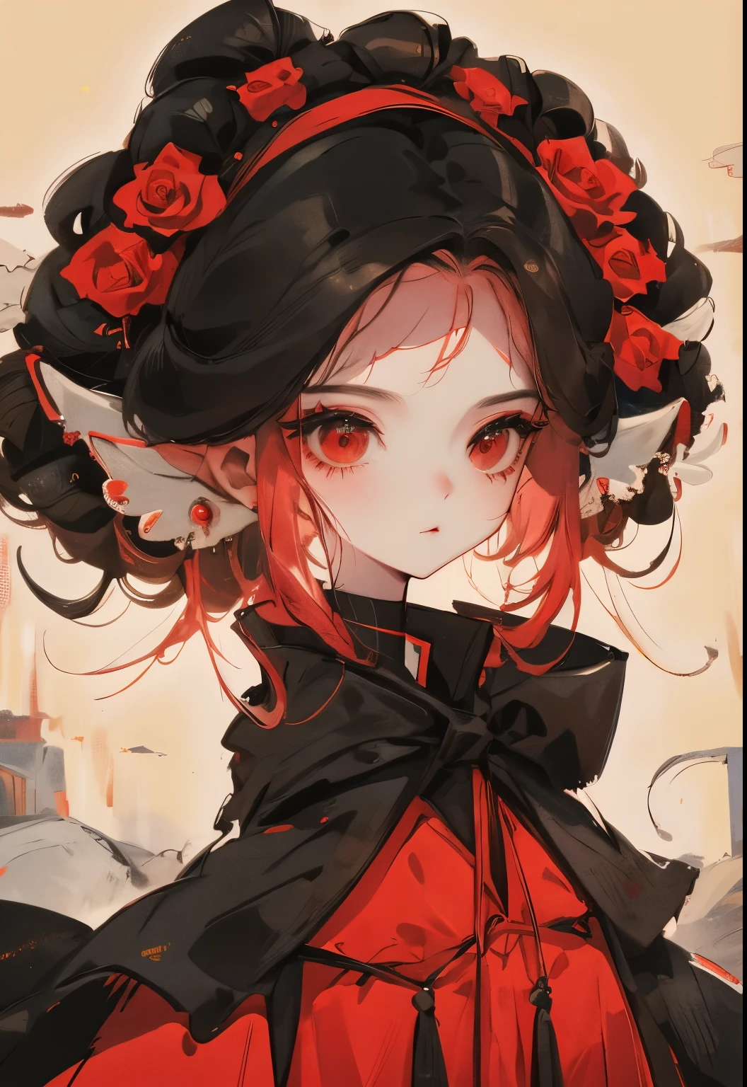 Poker face,,(dark fantasy),((Wonderful illustrations)),(The details fly), long black hair, red pupils, Girl, plain black dress, collar only, The cuffs and skirt are dark red., There is a red butterfly hairpin fixed next to her ear.., masterpiece, Best Quality, high quality, scarf,, red and black crystal necklace,