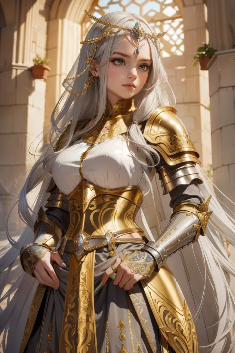 Detailed long white hair, (((wearing a realistic and detailed golden and gray medieval armor, aethereal fantasy aesthetic style)...