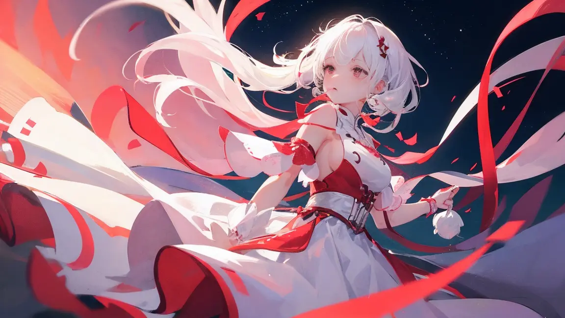 white hair、red eyes、white dress、white feather、pink sky