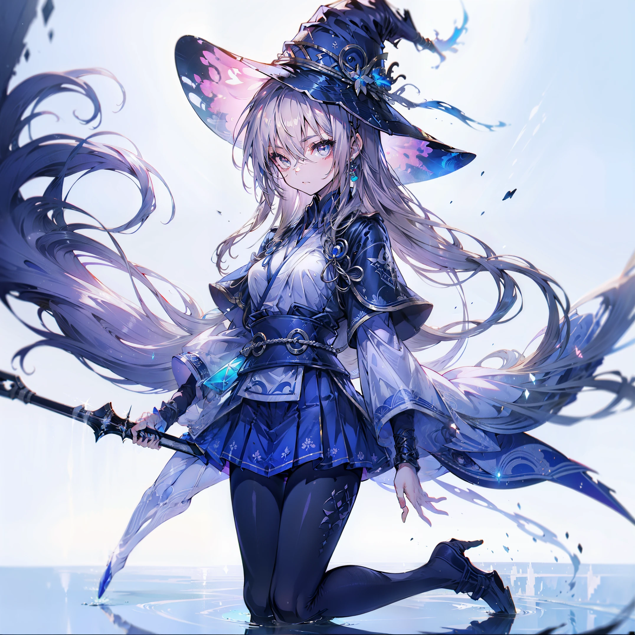 white background, blue skirt，solo woman, alone, (kneel down), (kneel down on white glass surface), (dk, small), (white background), (witch hat), curly, looking at the viewer, with panoramic view, Vision, It begins with the night of the ark., Popular topics on Art Station pixiv, Arknight, pixiv digital art,Onmyoji detailed art, Japanese anime fantasy illustration, author：hero, anime art wallpaper 8k, Sky Witch, pixiv style, anime art wallpaper 4k, anime art wallpaper 4k, (pretty background), Ink painting style，pretty colors，Decisive cut，広いblank領域, blank, space，master piece， super sophisticated，epic work，expensive、expensive品質，best quality，4K