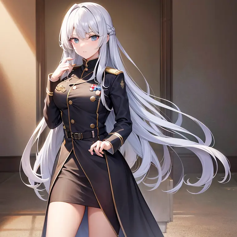 （masterpiece,8K）A long shot of a beautiful girl with long silver hair standing in military coat.