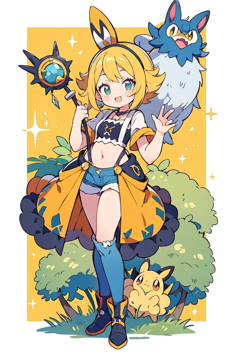Professional anime, アニメ :Pokémon, estilo アニメ: PROTEUS.Inc., work of art, best qualityer, high resolution, 1 woman only, misty (Pokémon), hair orange, standing alone, shorts, suspenders, side ponytail, hair orange, stomach, yellow crop top, へそ, shorth hair, Jeans, shorts jeans, ssmile, cowboy shot, standing, pacing_signo, plein-air, 80% in the gala dress