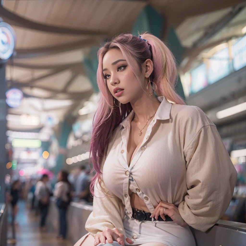 (Asian goddess Woman,sitting train station),(cardi b),(perfect cardi b),(Gigantic Boobs: 1.4),(cleavage : 1.4),(busty: 1.4),(Cool:1.1),(erotic:1.4),(Low-cut white shirt: 1.3),(Pink mini skirt with white details: 1.4),(earrings : 1.1),(blonde Hair Ponytail: 1.4),(vogue Makeup: 1.1),(thrending pixiv : 1.1),(Curvy Chubby Body : 1.4),(Delicate Face :1.4),(Pale Skin: 1.1),(oil Covered in boobs: 1.3),(look at viewer),(various Poses: 1.1),(Big Brown Eyes : 1.4),(High Details Body : 1.3),(high details face : 1.1),(Perfect Face),(perfect Body),UHD,Bokeh,Sharp Focus,Octane Render,Megapixel,TXAA,FXAA,CGI,VFX,CFX,(photo realistic : 1.4),(insane Details: 1.4),(deep of field: 1.6),(lights effects: 1.3),(Shadows: 1.1),(ultra realistic: 1.4),(super-quality),(masterpiece: 1.4),(super-resolution: 1.5),(sony alpha 1 shot : 1.4),