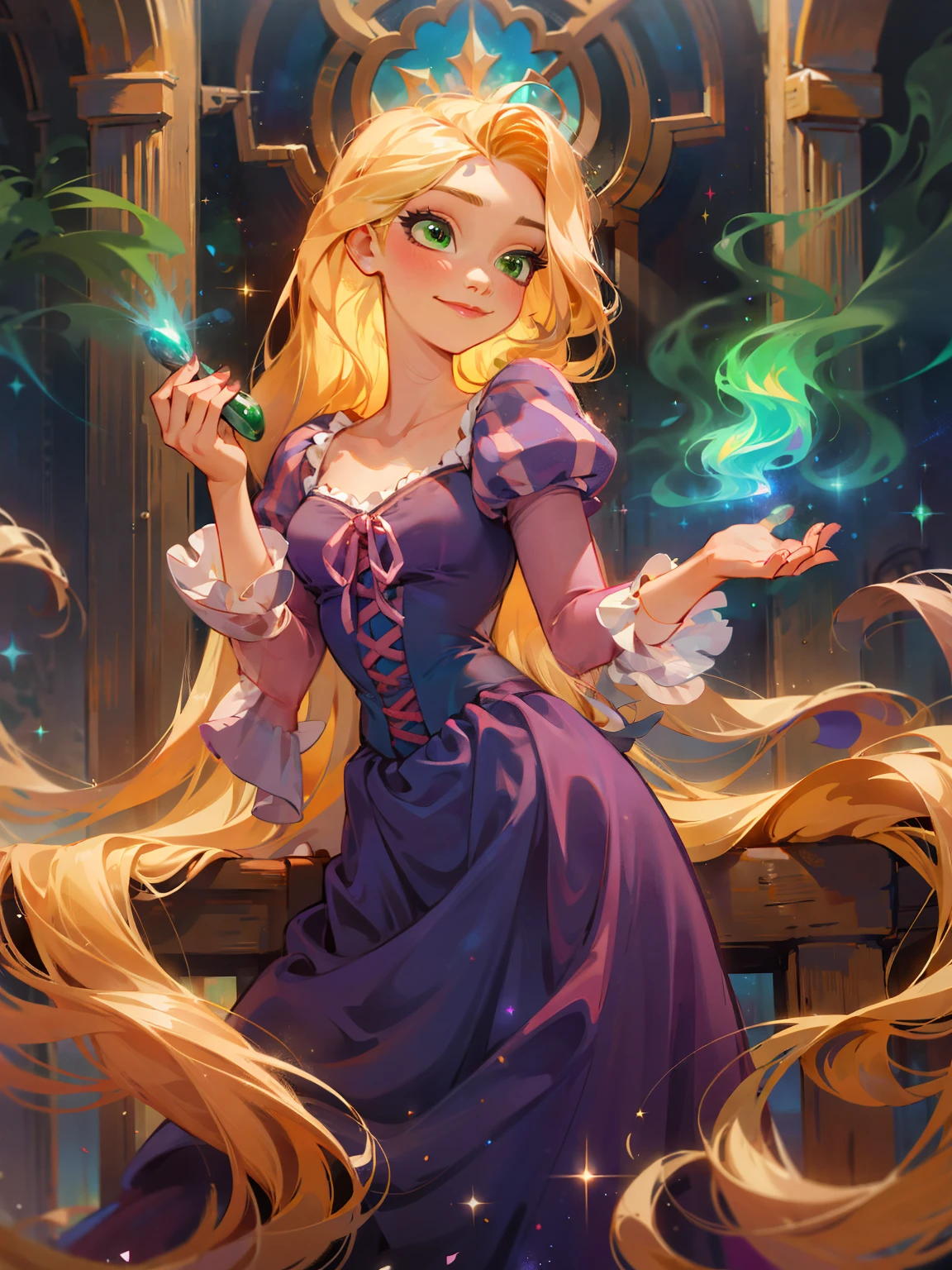 bioluminescent shiny glow, beautiful girl in flowing ballgown dress, galaxy style dress, galaxy glow, sparkling, ethereal, fluffy flowing hair, silky glistening iridescent ash hair, long maic hair, green eyes, rapunzel