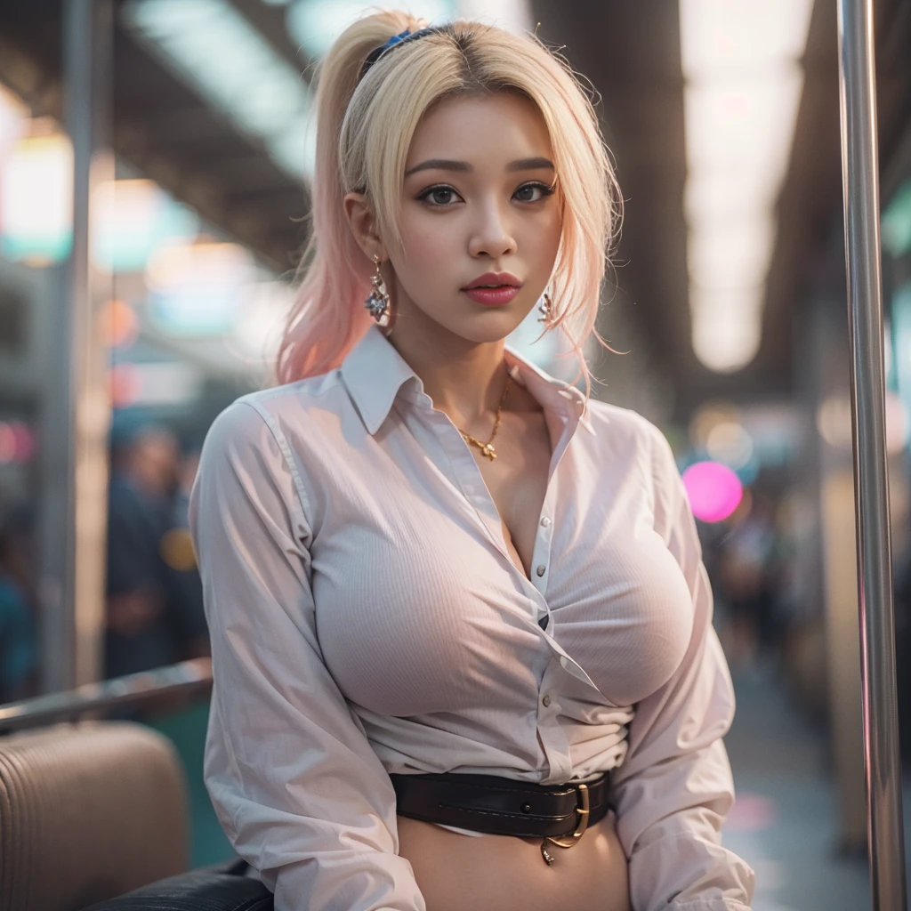 (Asian goddess Woman,sitting train station),(cardi b),(perfect cardi b),(Gigantic Boobs: 1.4),(cleavage : 1.4),(busty: 1.4),(Cool:1.1),(erotic:1.4),(Low-cut white shirt: 1.3),(Pink mini skirt with white details: 1.4),(earrings : 1.1),(blonde Hair Ponytail: 1.4),(vogue Makeup: 1.1),(thrending pixiv : 1.1),(Curvy Chubby Body : 1.4),(Delicate Face :1.4),(Pale Skin: 1.1),(oil Covered in boobs: 1.3),(look at viewer),(various Poses: 1.1),(Big Brown Eyes : 1.4),(High Details Body : 1.3),(high details face : 1.1),(Perfect Face),(perfect Body),UHD,Bokeh,Sharp Focus,Octane Render,Megapixel,TXAA,FXAA,CGI,VFX,CFX,(photo realistic : 1.4),(insane Details: 1.4),(deep of field: 1.6),(lights effects: 1.3),(Shadows: 1.1),(ultra realistic: 1.4),(super-quality),(masterpiece: 1.4),(super-resolution: 1.5),(sony alpha 1 shot : 1.4),