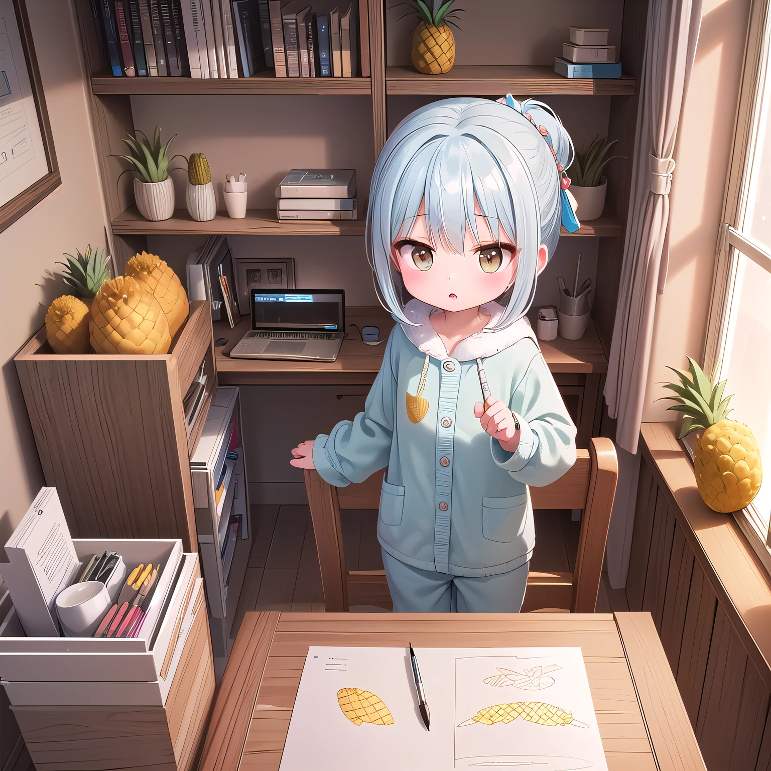 ((Chibi, Miniature, REAL, Pineapple, 3DCG, 1 girl: 1.3)), (Masterpiece, almond-shaped eyes, glossy white-blue hair, short chignon hair, top quality, meticulously drawn limbs Fingertips, warm clothes, smooth and beautiful skin: 1.3), (red cheeks, fluffy pajama clothes, whole body, antique furniture, spacious study, chair, colorful design, comfortable life, waking up: 1.1), (room There is a small desk in one corner where you can immerse yourself in your creations, and the art tools are shining brightly, creating a quiet but creative space. :1.1)