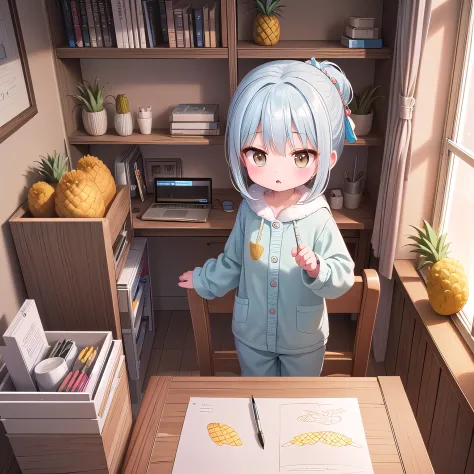 ((chibi, miniature, real, pineapple, 3dcg, 1 girl: 1.3)), (masterpiece, almond-shaped eyes, glossy white-blue hair, short chigno...