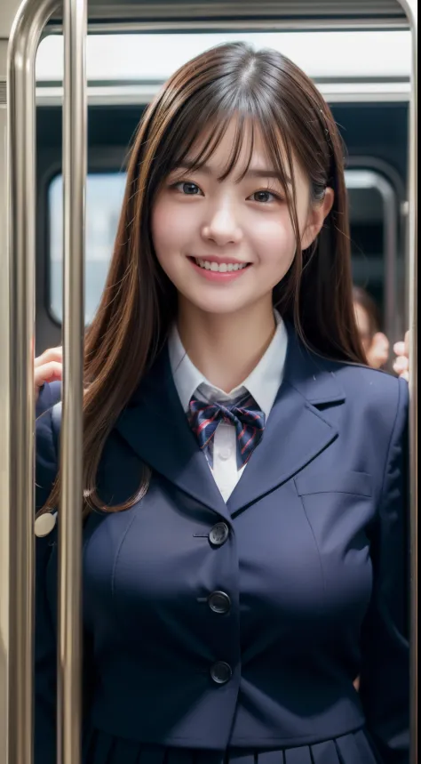 enhanced dynamic perspective，cute cute beautiful girl，jk uniform，look at me and smile，the background is in a crowded train，works...