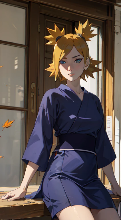 Masterpiece, absurderes , (Intricate details), (Colorful),Cinematic lighting,Bust Up Shot,Extremely detailed Cg Unity 8K wallpaper,Temari\(Boruto\), 1girll, Mature female,blue kimono, Sitting, Outdoors, (Falling leaves:1.3), Autumn leaves, (Autumn), Sunlight, Maple tree, parted lip,Wind, view the viewer, Temari\(Boruto\)，stooped，Hold your hands on the wall，Very sexy pose