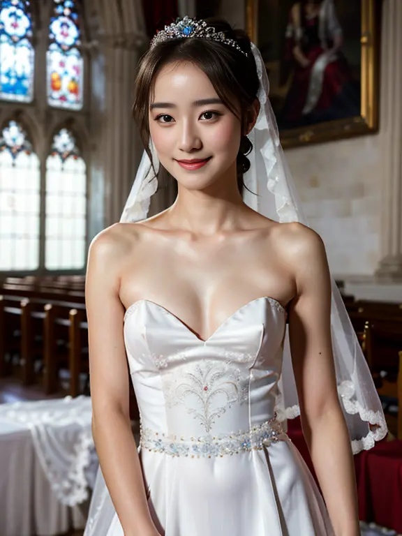 1 girl, smile, shiny skin, delicate face, best quality, masterpiece, (realistic: 1.4), wedding dress, random hairstyle, perfect ...