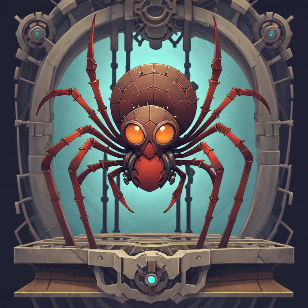 A mechanical spider resting as it gets maintenance, in card art style
