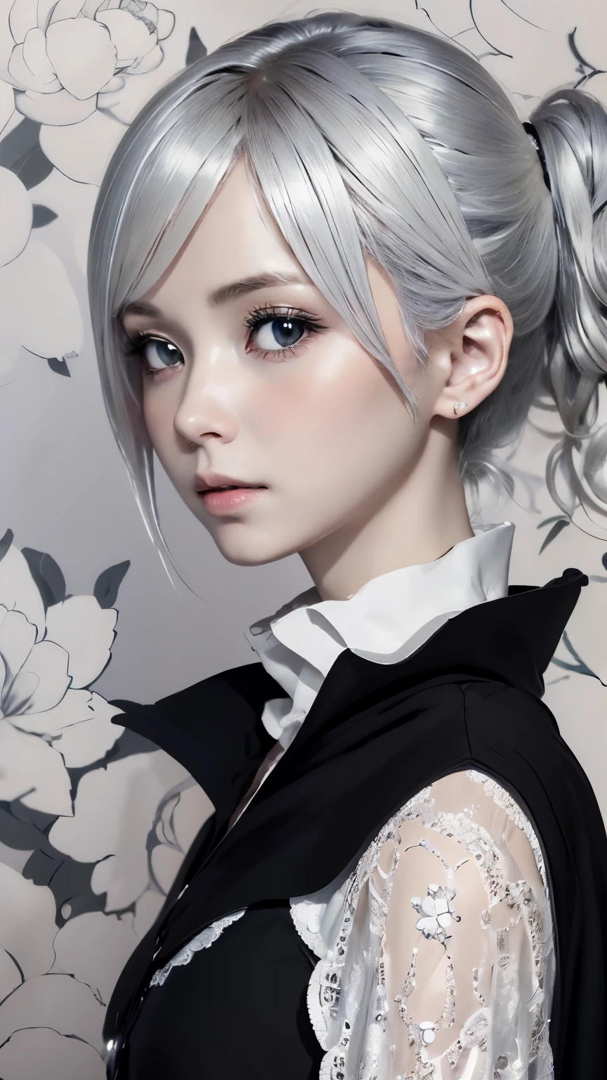 ((wallpaper 8k)), ((surreal)), ((Quality with attention to detail:1.2)), 1 girl, １４talent、cloak, black dress, capelet, blonde hair, look up, Widespread poverty, shortcut、short hair twintails、Ash gray hair、, white skin