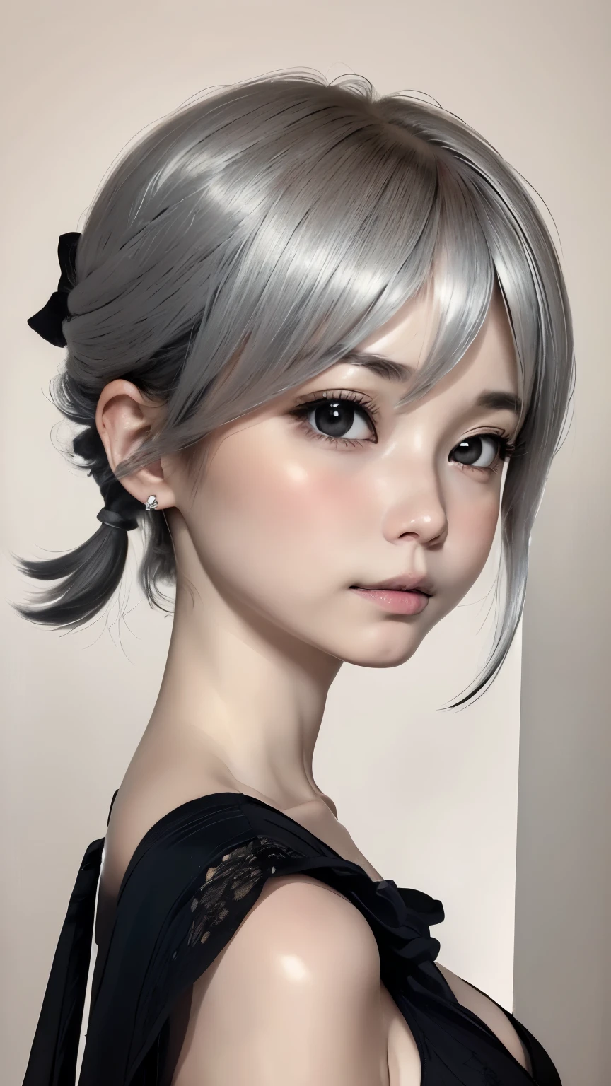 ((wallpaper 8k)), ((surreal)), ((Quality with attention to detail:1.2)), 1 girl, １４talent、kind eyes、plump lips、Ash gray hair、An ennui look、small breasts、small breasts、black elegant dress,Black capelet, look up, Widespread poverty, short cut hair、short hair twintails、Ash gray hair:1.5、white skin、
